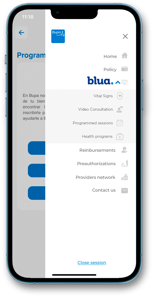 Phone displaying the Bupa app menu with options for health programs, appointments, vital signs, claims, and other health services.