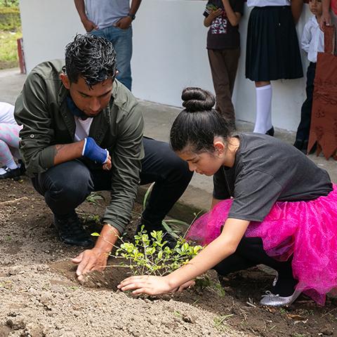 Estudiante participa en la siembra de una planta junto a un adulto.